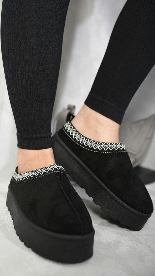 Jolene Aztec Detail Low Ankle Platform Slipper Boots - Black