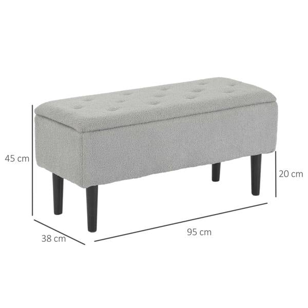 Grey upholstered storage bench ottoman with dimensions and dark wooden legs