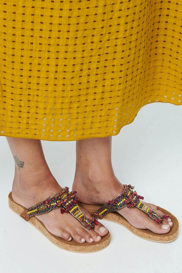 Orange | Beaded Detail Faux Leather Sandals