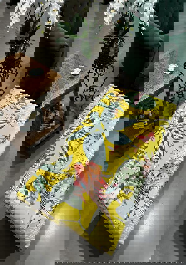 ISTOOLS Premium Zen Floral Footstool Ottoman – Yellow Bird Print Pouffe Footrest for Living Room Decor