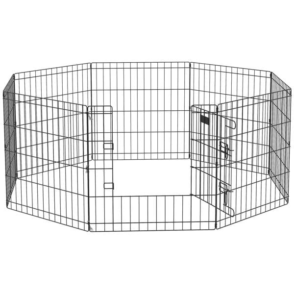 Black eight-panel metal dog playpen with hinged gate and secure latch