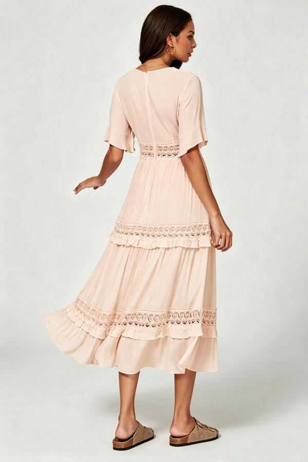 FS Collection V Neck Lace Detail Midi Dress In Soft Champagne