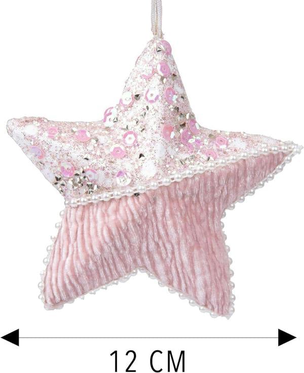 12cm Baby Pink Glitter Star Christmas Hanging Decorations, 3 Piece Festive Tree Ornaments image 3