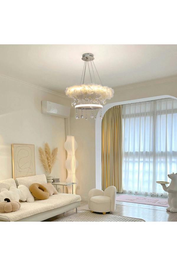 Living and Home Double-Layer Feather LED Chandelier Pendant Light with Crystals