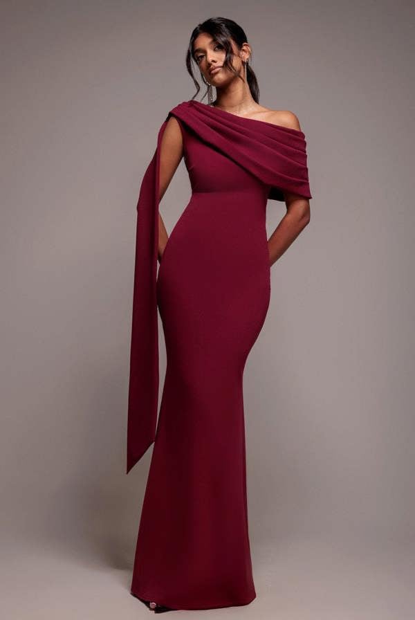 Sash One Shoulder Bardot Maxi Dress  - Burgundy DR4830