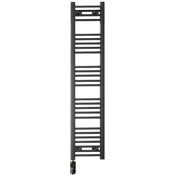 MYHOMEWARE 400 x 1400 mm Matt Black Electric Bathroom Towel Rail Radiator Heater With AF Thermostatic Electric Element Pre-Filled