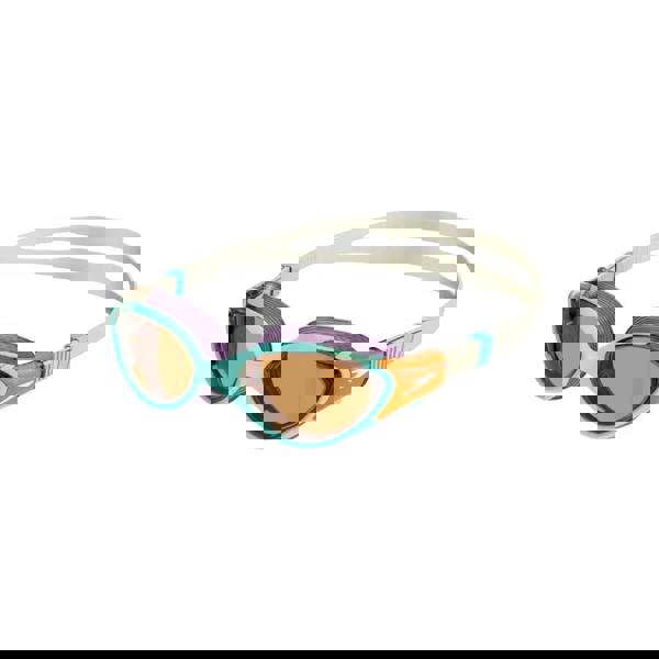 Speedo Biofuse 2.0 female goggles in purple, orange with teal strap