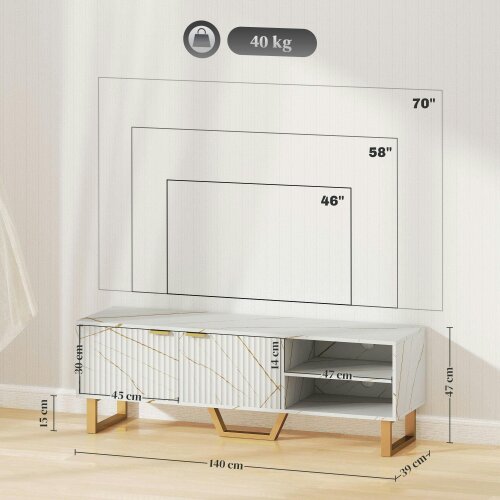 Wyld Haus Veriri 140cm White Marble and Gold Effect TV Unit With Fluted Doors For Screens Up To 70 Inches