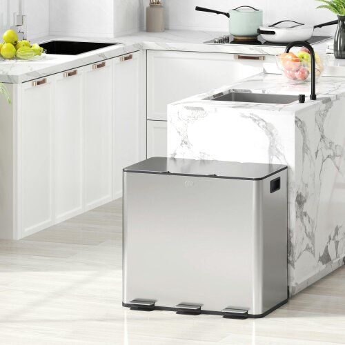 HOMCOM 3 x 15L Triple Kitchen Bin Pedal Bin for Recycling and Waste - Silver - 20L