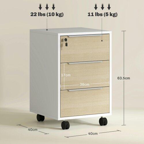 HOMCOM Modern 3-Drawer Locking File Cabinet Mobile Filing Cabinet Oak White