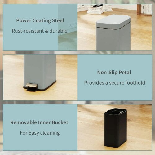 Bobobiy 5L Rectangular Compact Bin Steel Body Removable Bucket Quiet-Close Lid with Pedal Lid Rubbish Trash Can Office Bedroom Bathroom Living Grey