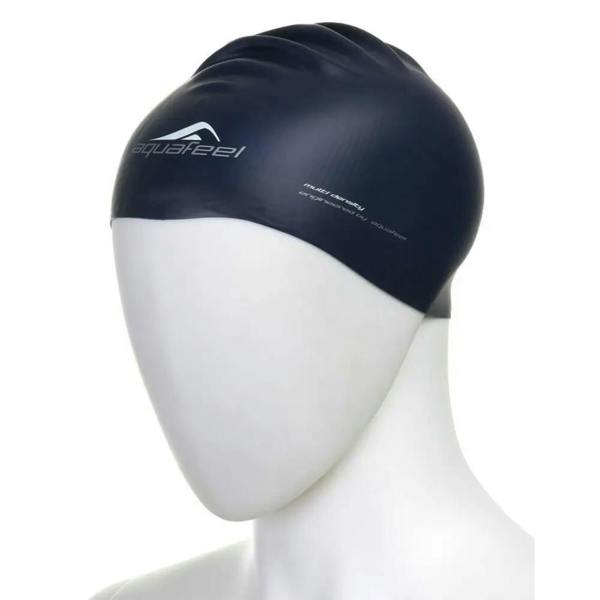 Navy blue Aquafeel Bullitt silicone adult swim cap with white logo