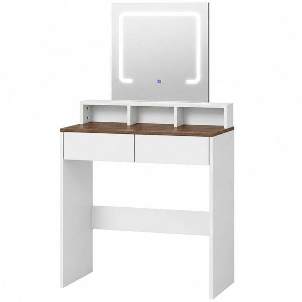 Vanity Table, Dressing Table with Mirror, LED Lights, 2 Drawers, 3 Compartments, Colour Changing, Walnut Brown and White