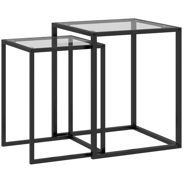 Set of 2 nesting side tables, black steel frame with clear tempered glass tops