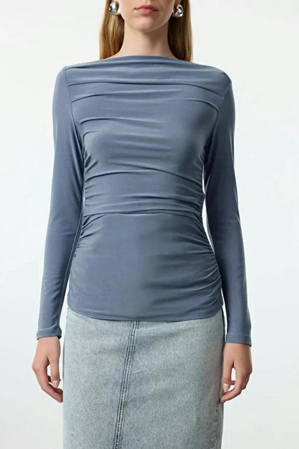 Hoxton Gal Boat Neck Draped Fitted Stretch Knit Blouse