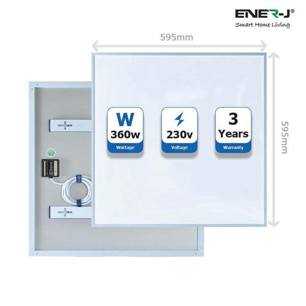 Ener-J 360W Infrared Panel Heater, 595  x 595mm Far Infrared Wall or Ceiling Mount, White