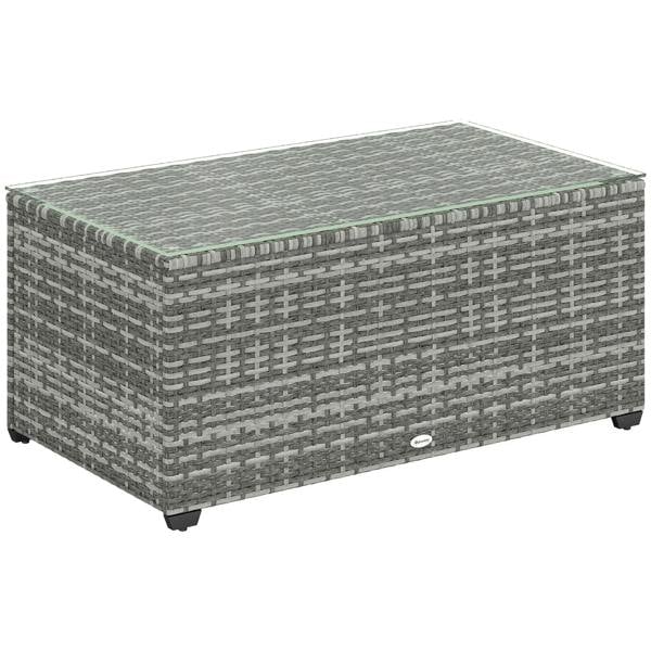 Light grey woven rattan side table with clear glass top and corner legs