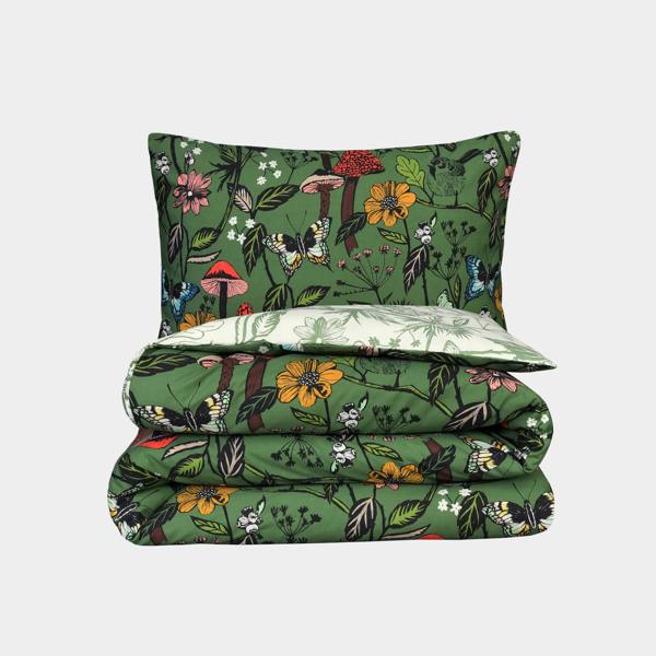 Smart Living Luxury Soft Reversible Forest Mushrooms Duvet Cover & Pillowcases - Green