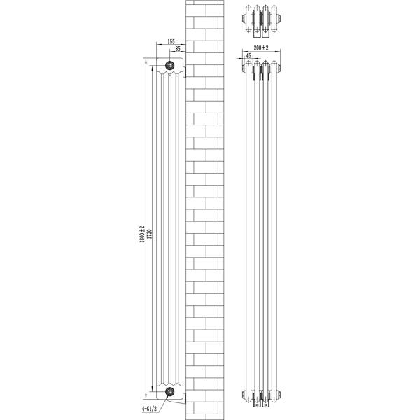 Traditional white 4 column radiator with dimensions 1800 x 200mm, featuring smooth lines and sleek valves for efficient heating