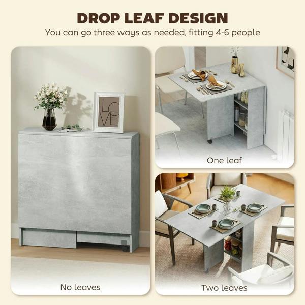Grey drop-leaf folding dining table with adjustable leaf positions and side storage