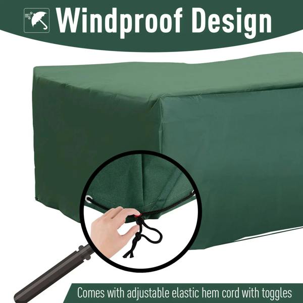 Green patio furniture cover with adjustable elastic hem cord and black toggles
