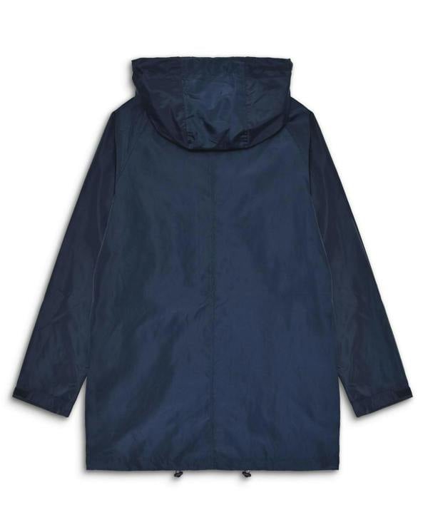Lambretta Heaton Mens Shower-Resistant Mod Ska Hooded Lightweight Jacket Coat, back view of a navy blue hooded lightweight jacket with long sleeves and adjustable hem.