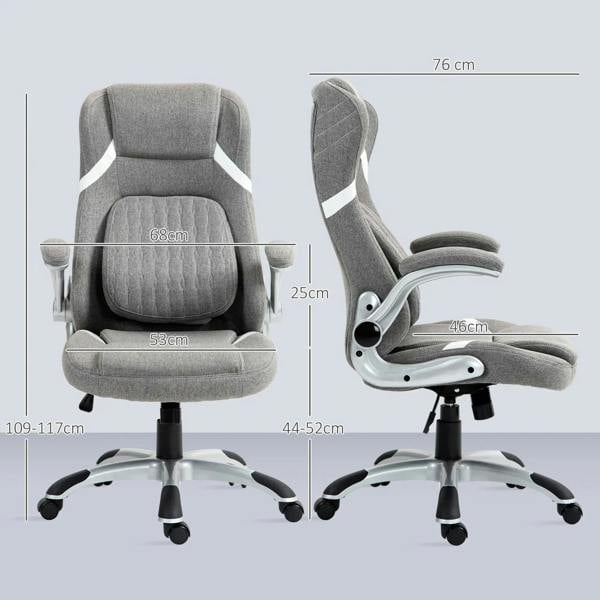 Grey linen-look office chair with padded seat, backrest, and chrome foot base