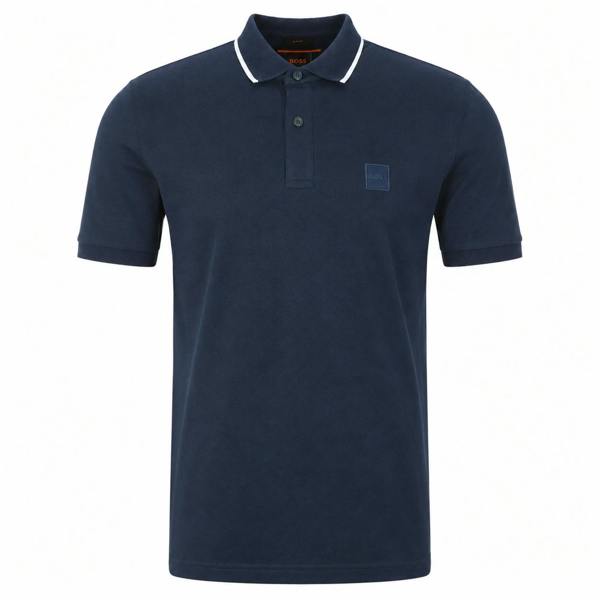 BOSS slim fit navy blue polo shirt with a white tipped collar and subtle chest logo patch.