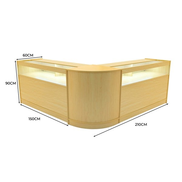 Maple Iris LED shop counter set with two B1500 displays, featuring a sleek curved design and integrated lighting for enhanced visibility