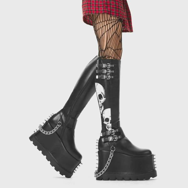Lamoda A Cut Above Trendy Gothic Skull Platform Boots Black PU Edgy Street