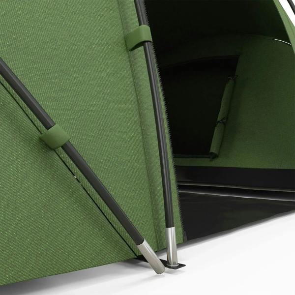 Dark green tunnel tent corner with mesh wall and gray support pole