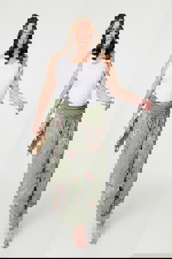 Khaki| Floral Ruched Waist Harem Trousers