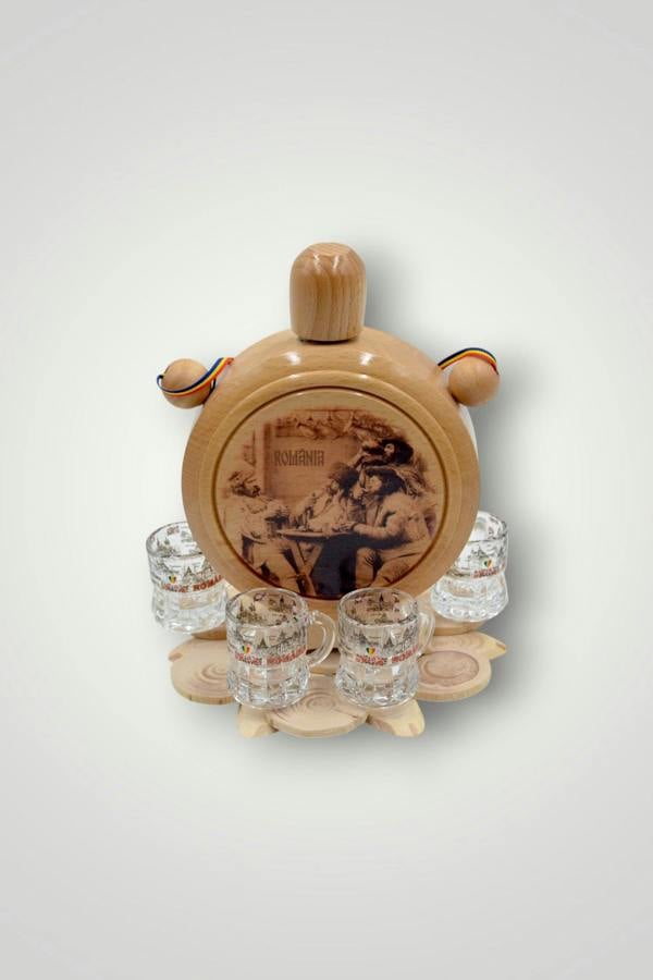 Handmade wooden flask with traditional motif and 4 shot glasses gift set