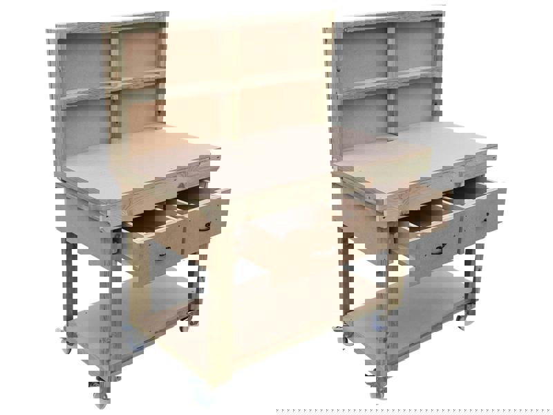 Wooden MDF Top Workbench – Mobile Tool Cabinet with Drawers, Back Panel and wheels, Ideal for Dry Indoor Spaces Such as Garages, Workshops, and Studios.