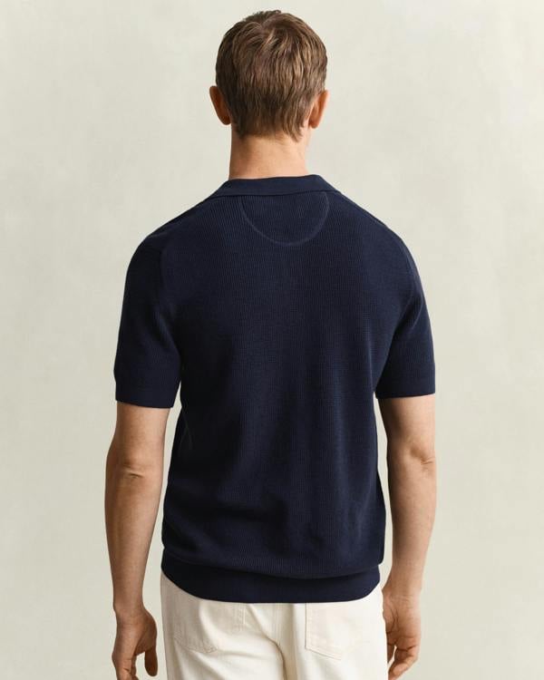 GANT Mens Micro Textured Cotton Short Sleeve Polo - 433 Evening Blue