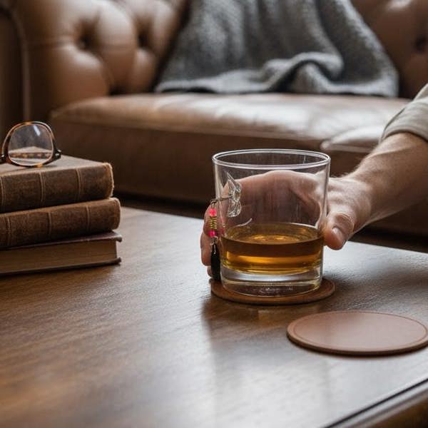 A hand holding a heavy-based whisky glass with a real fishing lure embedded in the side on a leather coaster.