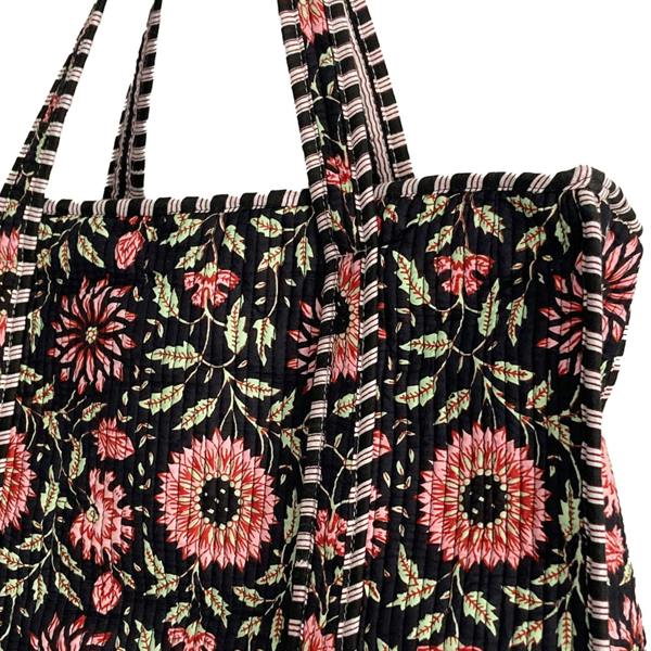 Hayley & Co Black and Pink Flower Quilted Cotton Shoulder Bag