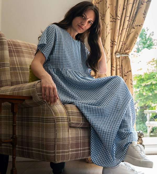 Antonia York Check Dress | Martina Short Sleeve Cotton Gingham Seersucker Oversized Dress - Blue