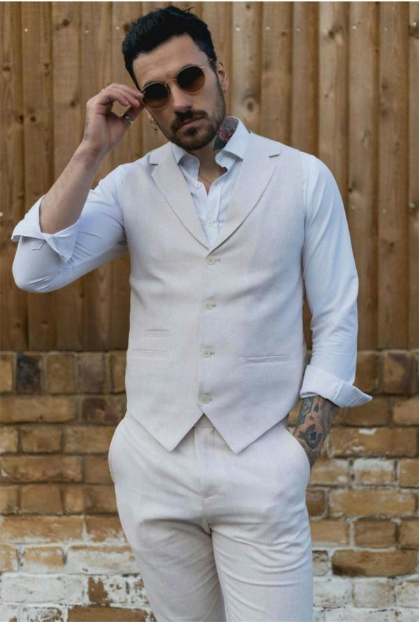 Infinity Leather Men's Summer 2 Piece Suit Linen Formal Cream Beige Waistcoat Trousers