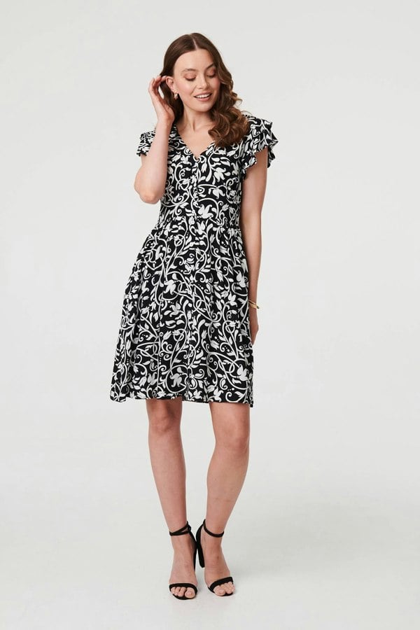 Black | Printed Cap Sleeve Short Skater Dress

