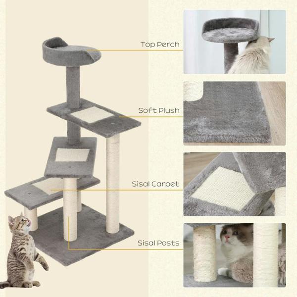 Grey cat tree tower with soft plush platforms, sisal posts, and top perch