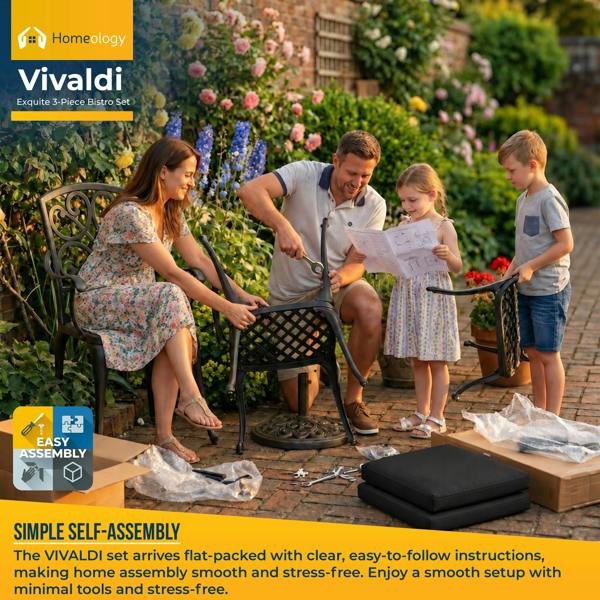 Homeology VIVALDI Black 3-Piece Cast Aluminium Garden Bistro Set - with Black Cushions