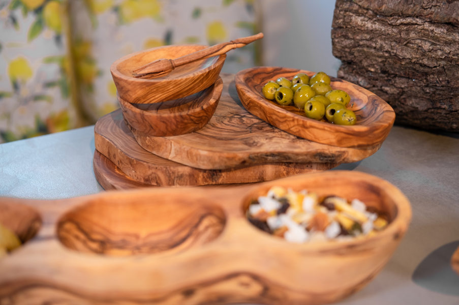 Verano Spanish Ceramics Olive Wood - 3 Section Snack Boat