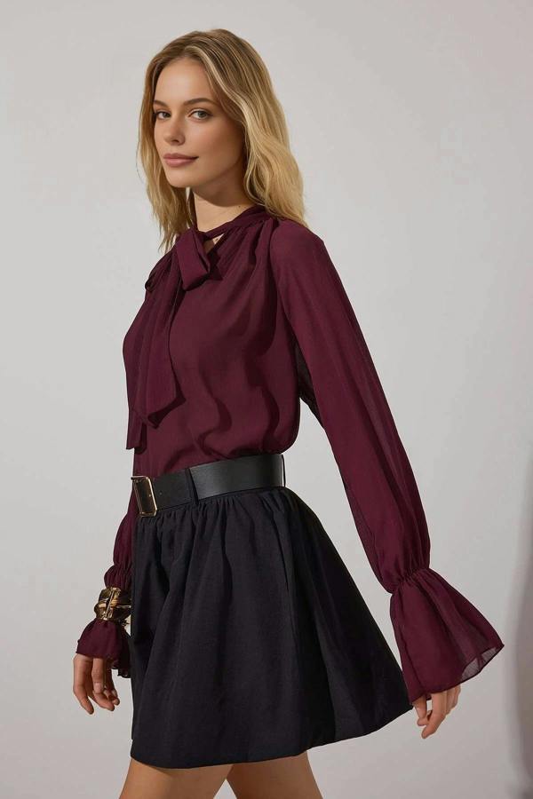 WOVCOR Unlined Woven Party Blouse with Neck Tie Detail