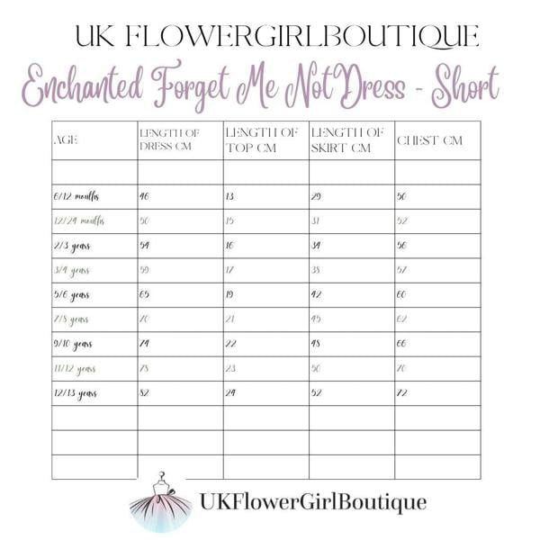Measurement chart for 'Enchanted Forget Me Not Dress - Short' by UK Flower Girl Boutique