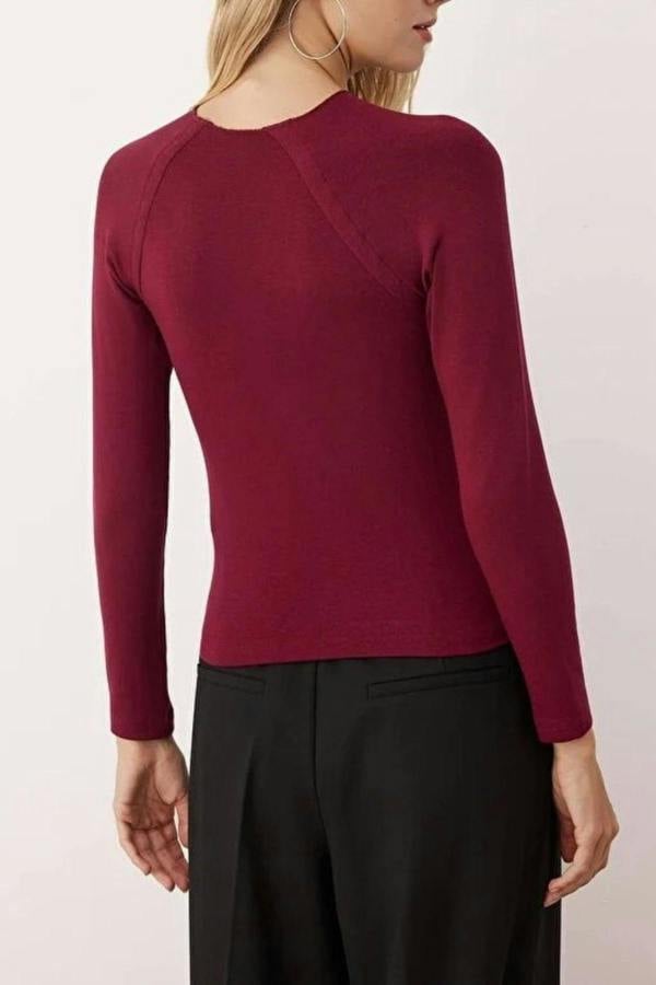 WOVCOR Stand Collar Knit Blouse with Button Detail