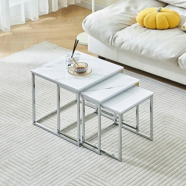 Rafaelo Mobilia Set Of 3 Faux Marble Nesting Tables White
