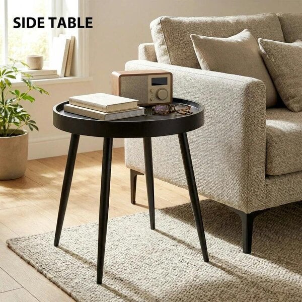 Bobobiy 49.5 cm Round Garden Table, Small Outdoor Coffee Side Table with Plastic Tray-Style Top, Metal Legs, Black