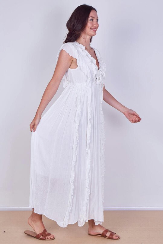 Elaina Fashion Boho Ruffle Detail Maxi Dress with Tie Neck – One Size (UK 8–14)