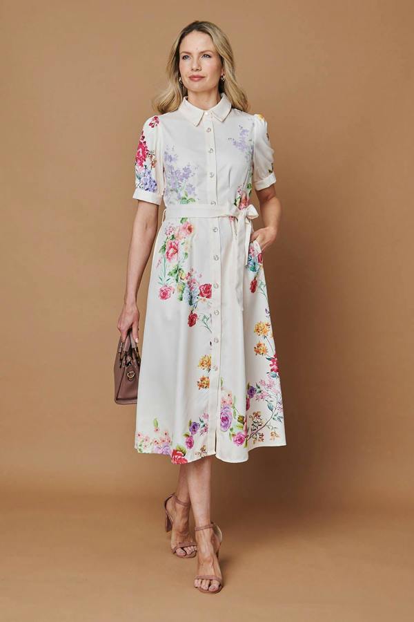 Beige | Floral 1/2 Sleeve Tie Waist Midi Dress